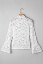 White Lace Crochet Bell Sleeve Mock Neck Blouse