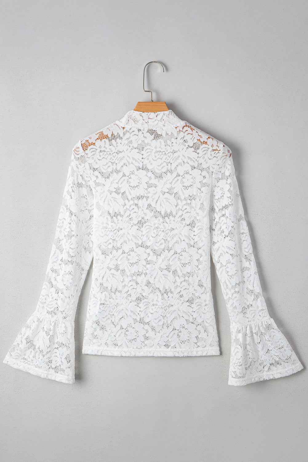 White Lace Crochet Bell Sleeve Mock Neck Blouse