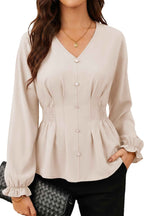 Oatmeal V Neck Long Sleeve Smocked Waist Shift Top Pullover