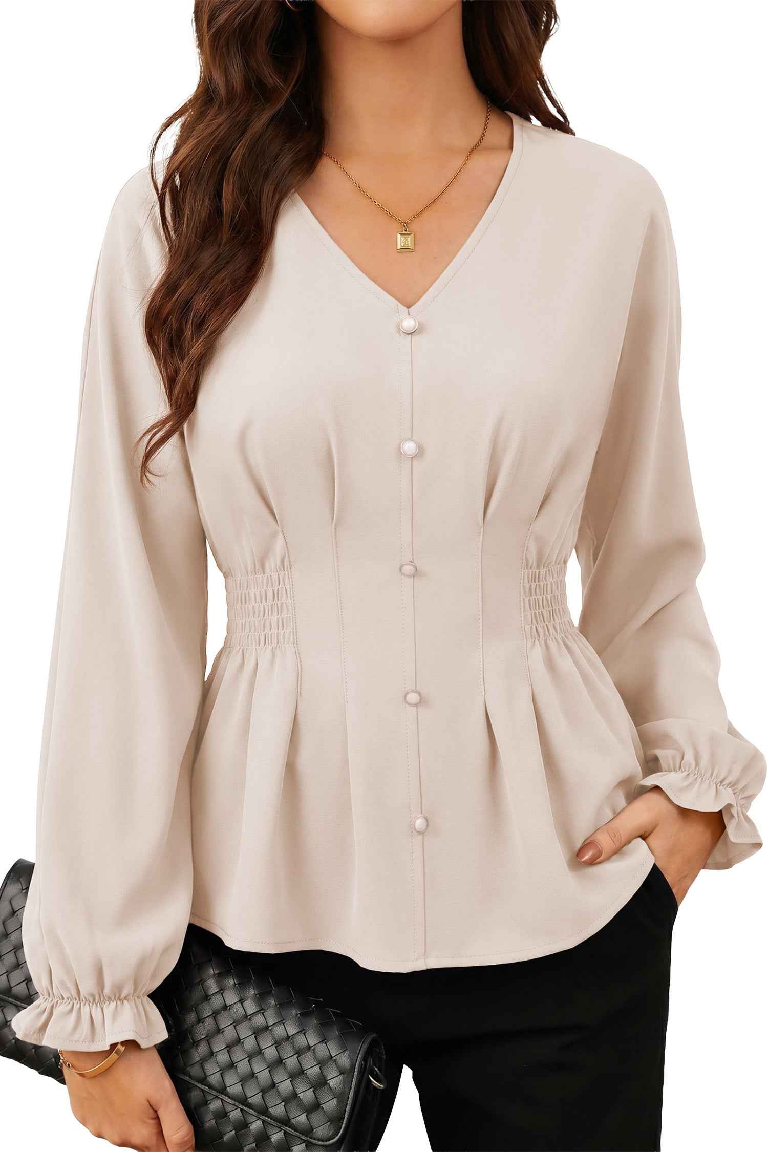 Oatmeal V Neck Long Sleeve Smocked Waist Shift Top Pullover