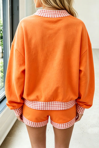 Carrot Gingham Trim Baggy Pullover 2pcs Short Set