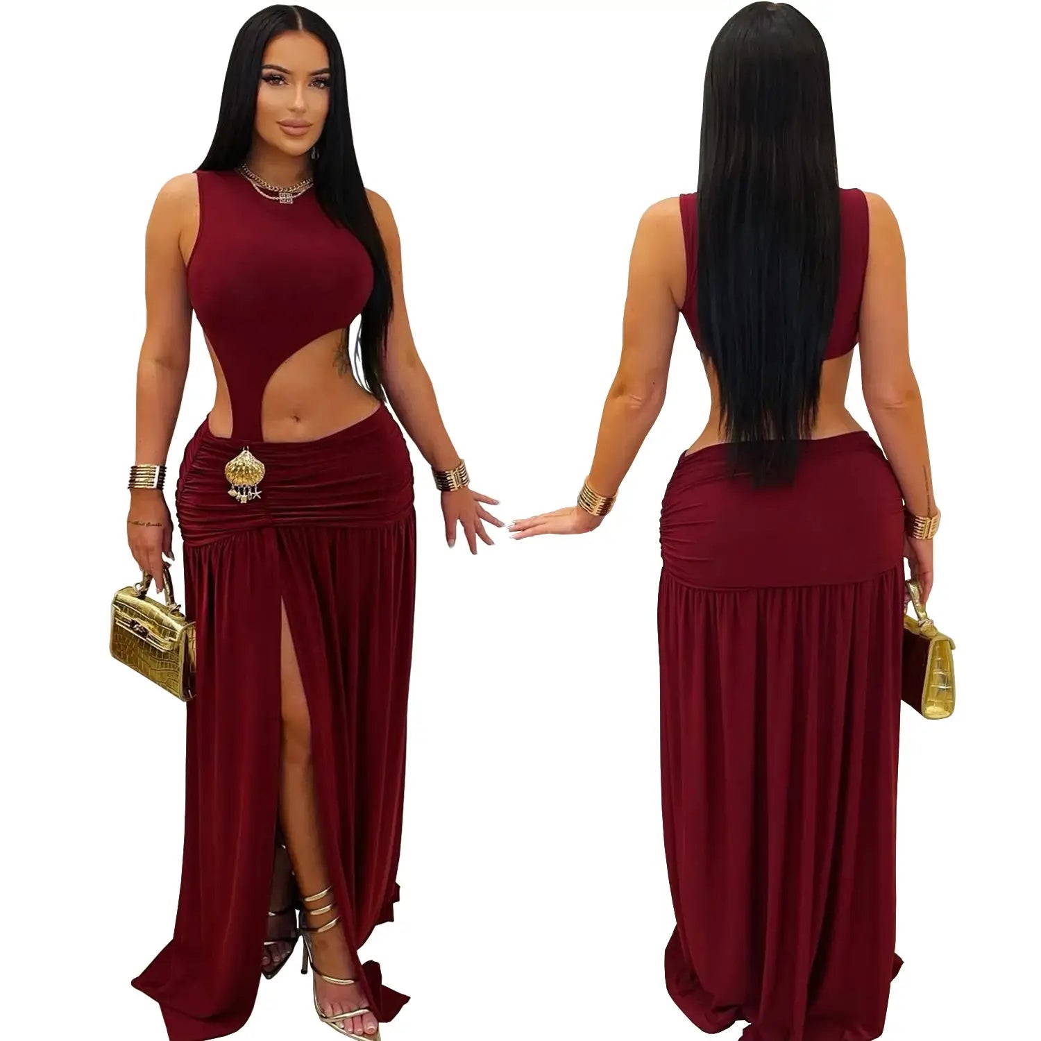 Fashion women’s sexy solid color sleeveless crop open fork dress