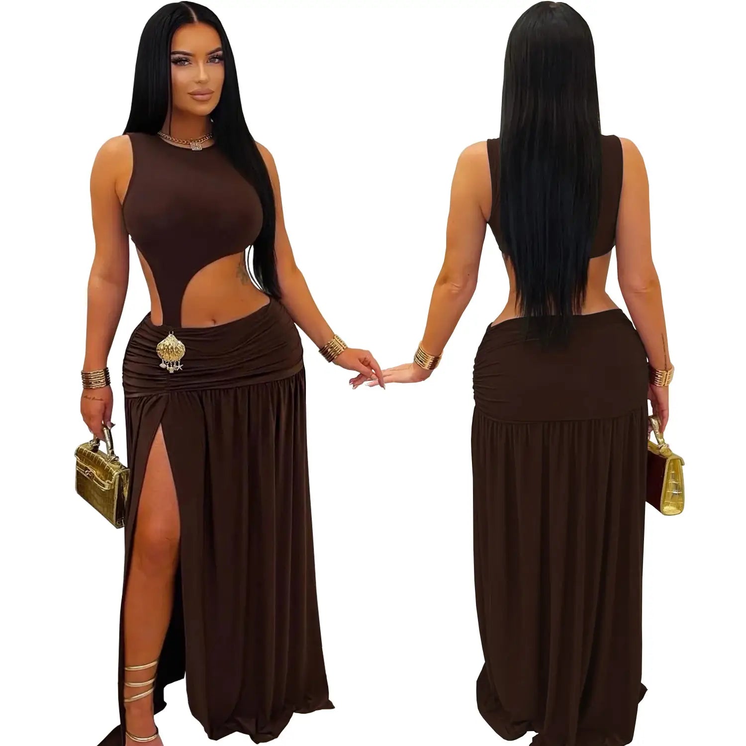 Fashion women’s sexy solid color sleeveless crop open fork dress
