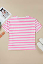 Pink Stripe Colorblock Patched Pocket V Neck Plus Size Tee