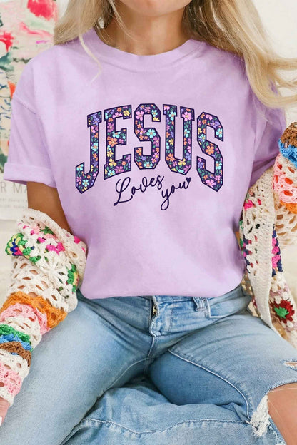 Orchid Petal Christian Floral Letter Graphic Round Neck T Shirt