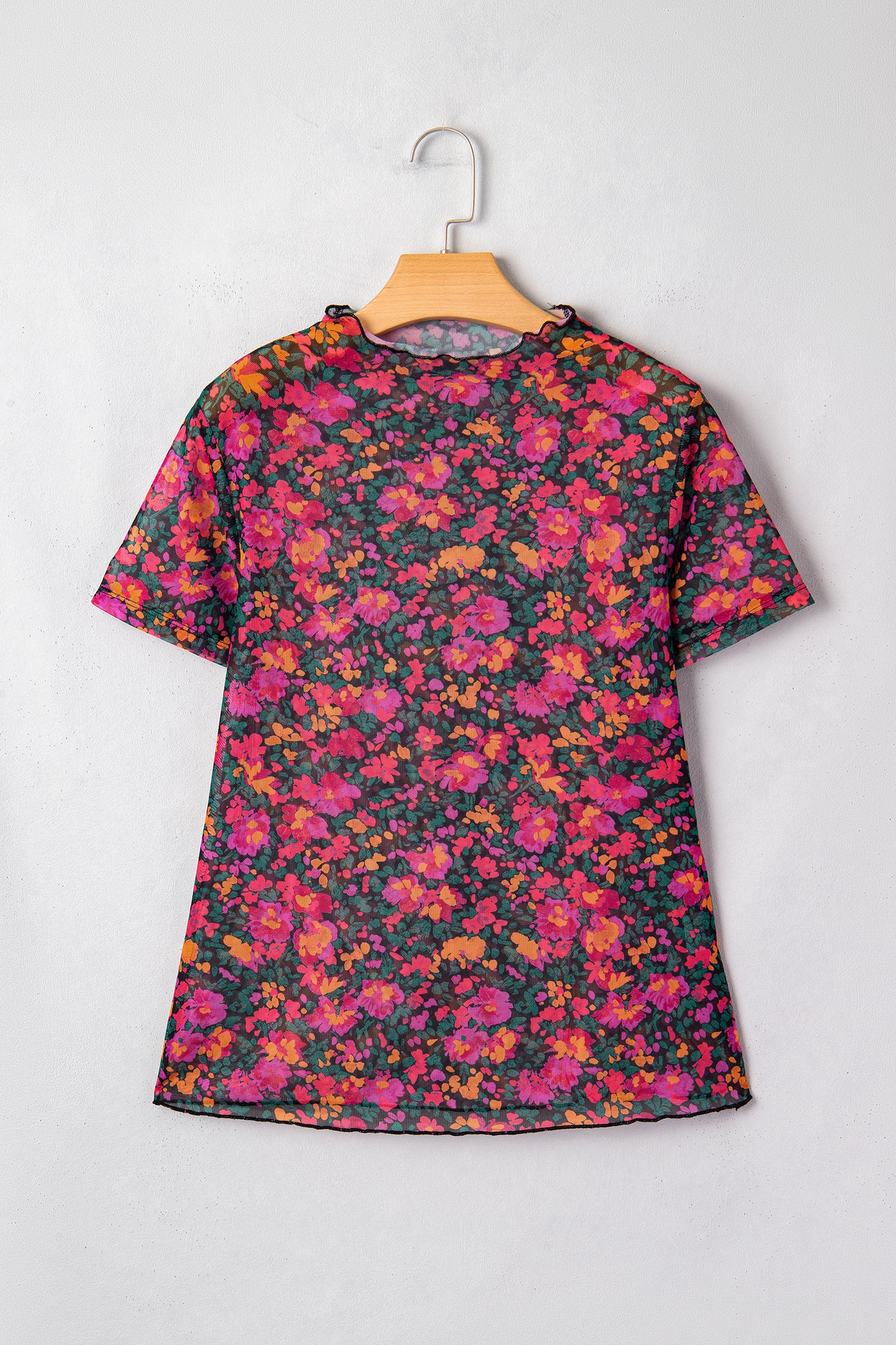 Brown Floral Printed Mesh Short Sleeve Top