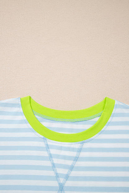 Yellow Stripe Contrast Neck Loose Tee and Drawstring Shorts Set