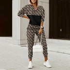 Printed Long Sleeve Fitted Hoodie and Pants Set for Women