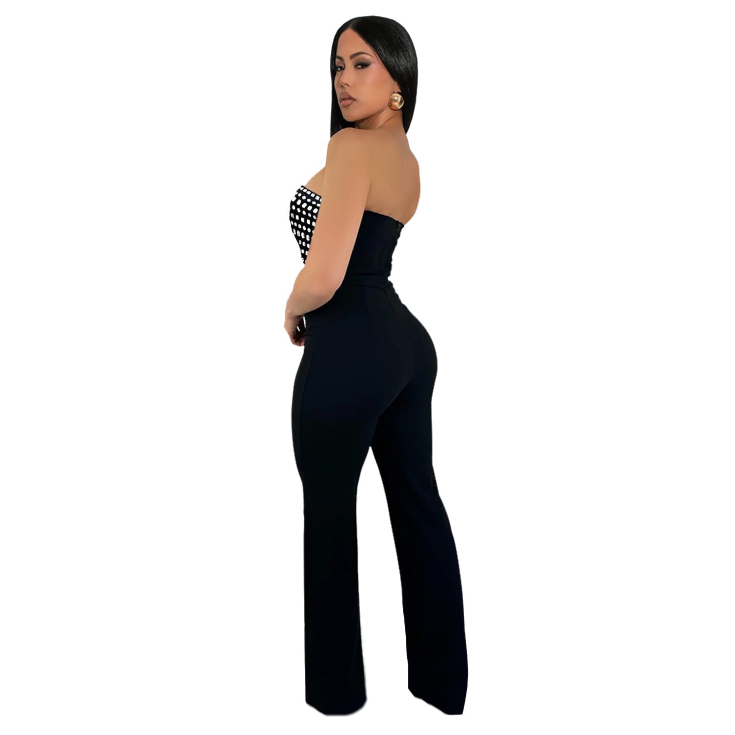 Style summer rhinestone bodysuit sexy strapless unique straight fit solid color long pants for women