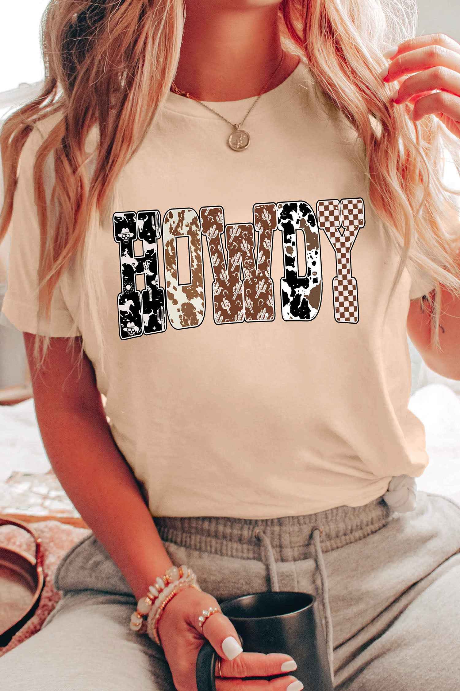 Khaki Western HOWDY Slogan Casual Graphic T-Shirt
