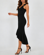 Women's Fashionable Elastic V-Neck Metal Buckle Decoration Waist Pleated Elegant Fishtail Dress