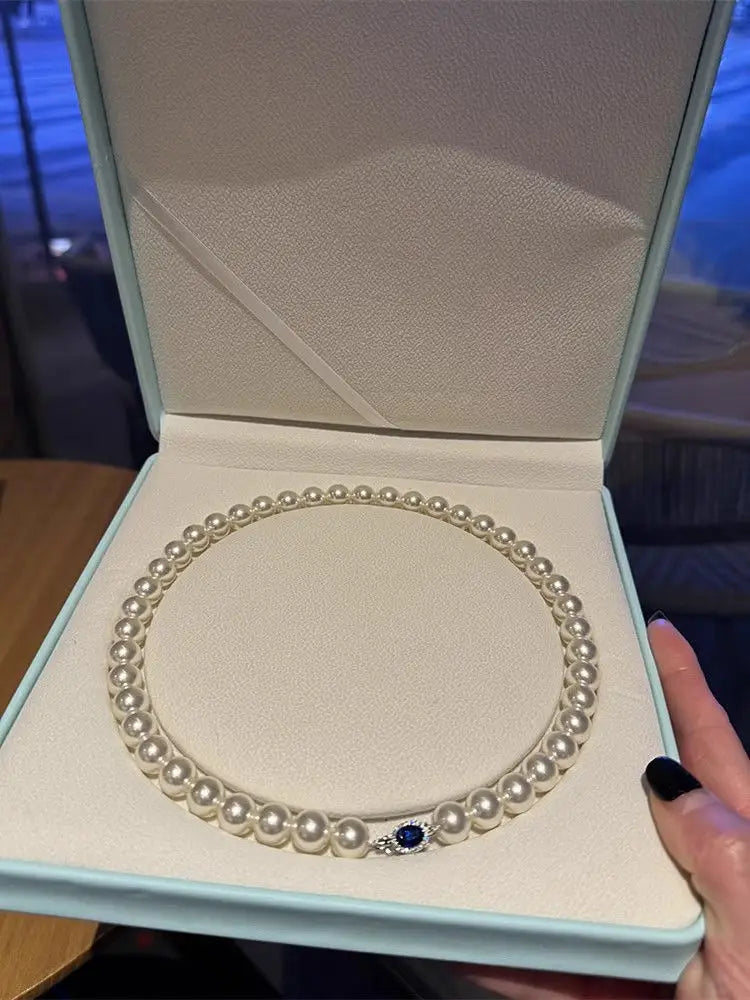Natural mother-of-pearl pearl necklace silver blue gem clasp high luster premium quality pearl australian white necklace