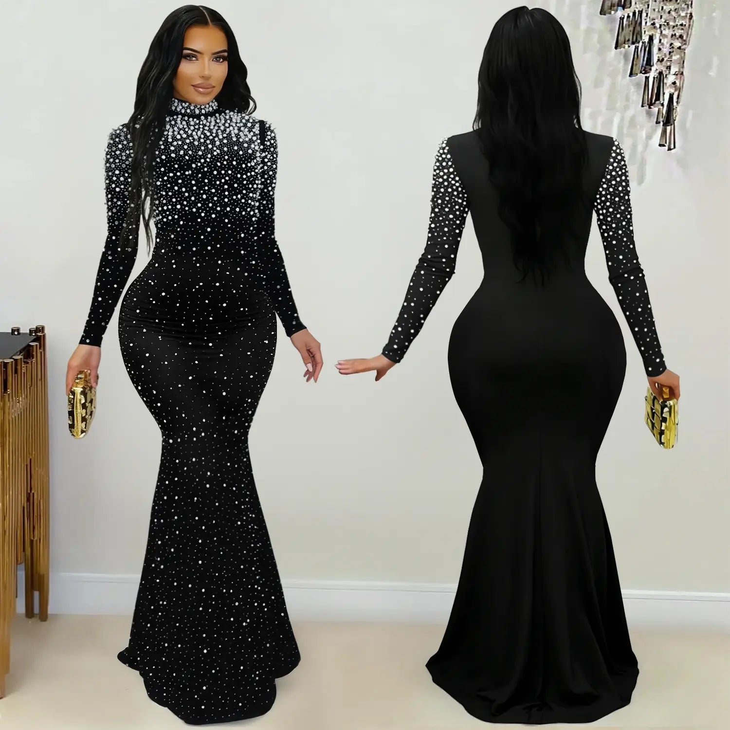 Elegant high neck rhinestone beaded bodycon dress for women fashion