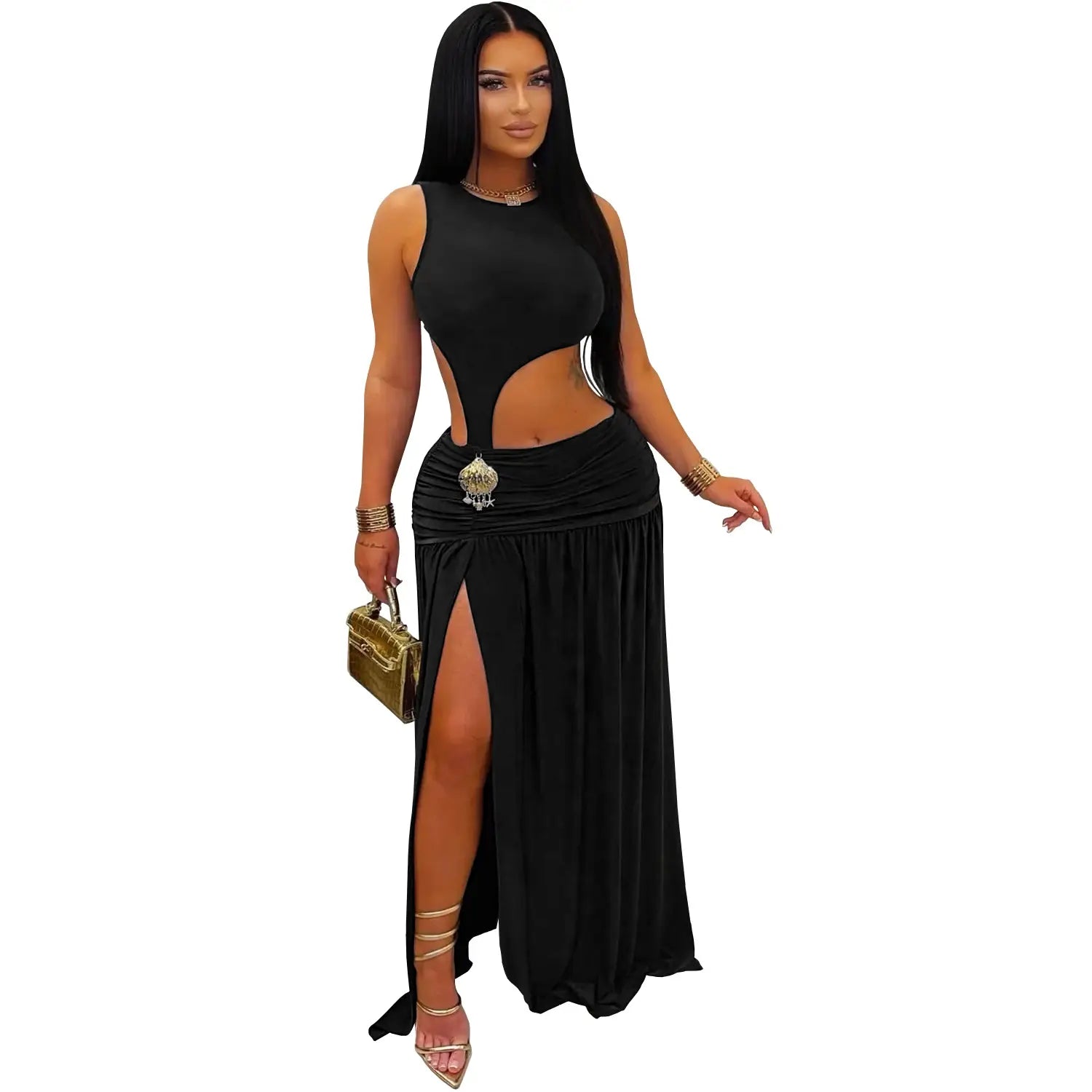 Fashion women’s sexy solid color sleeveless crop open fork dress