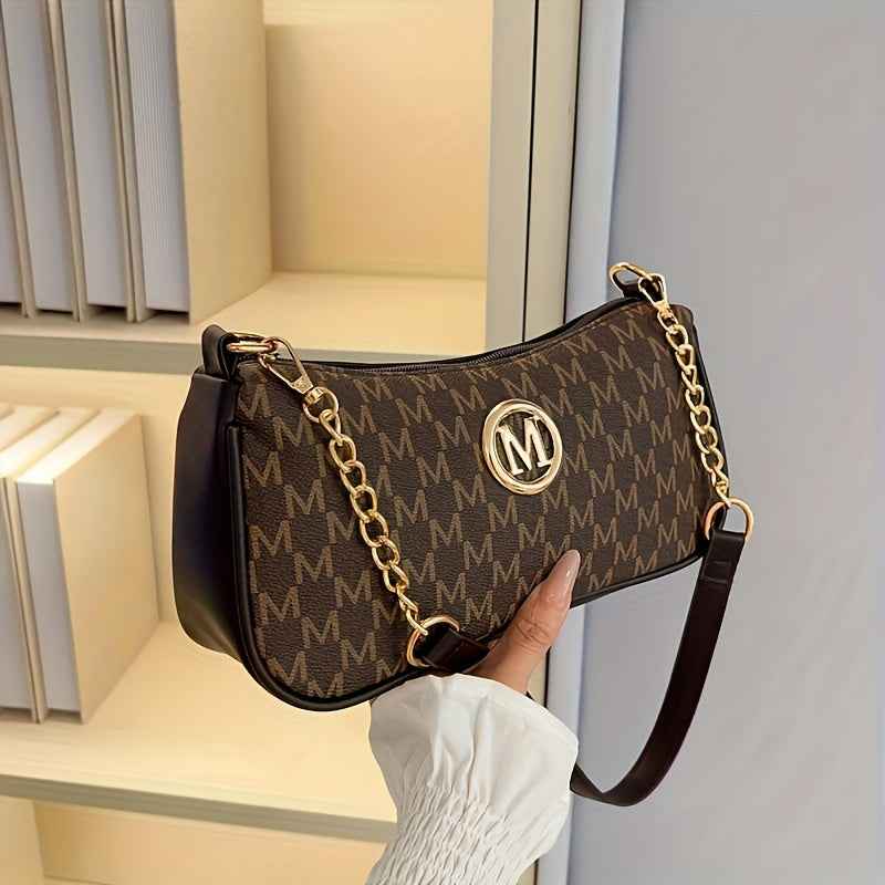 French Vintage Letter Print Underarm Bag with Chain  M Logo