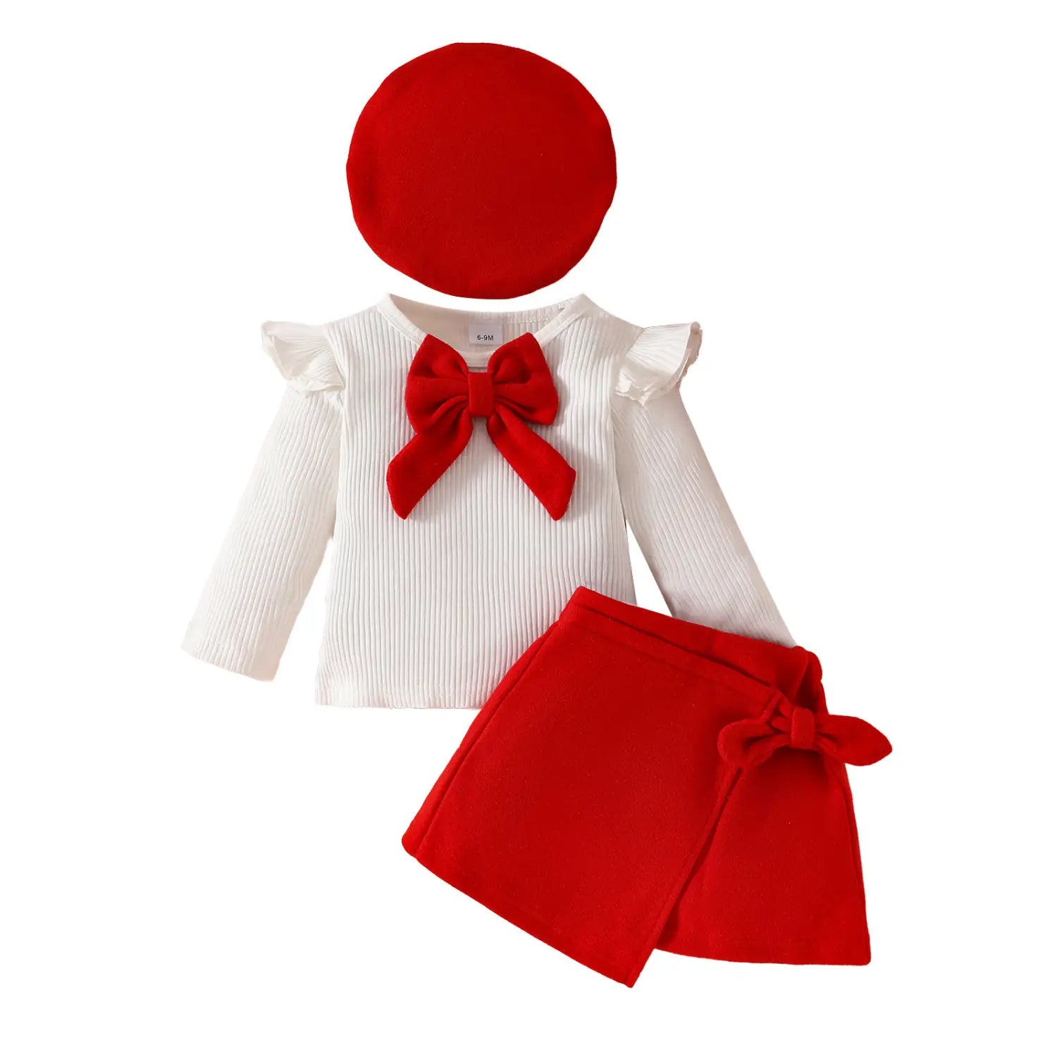 Fashion step girl big bow beret long sleeve top with velvet half skirt autumn/winter 3-piece set