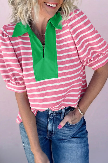 Blue Stripe Short Puff Sleeve Color Block Polo Collar Blouse