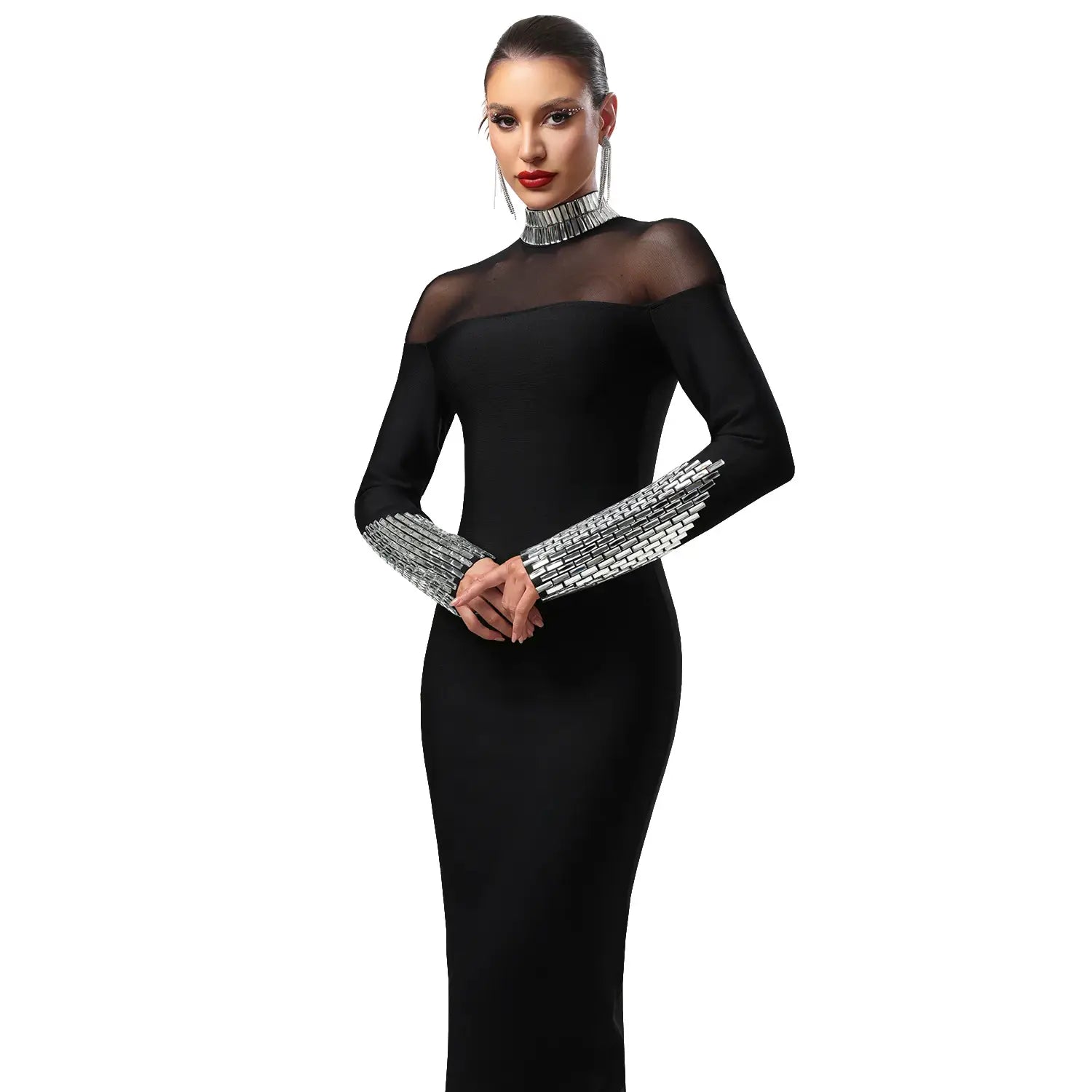 Elegant high neck long sleeve fitted sequined dress for women