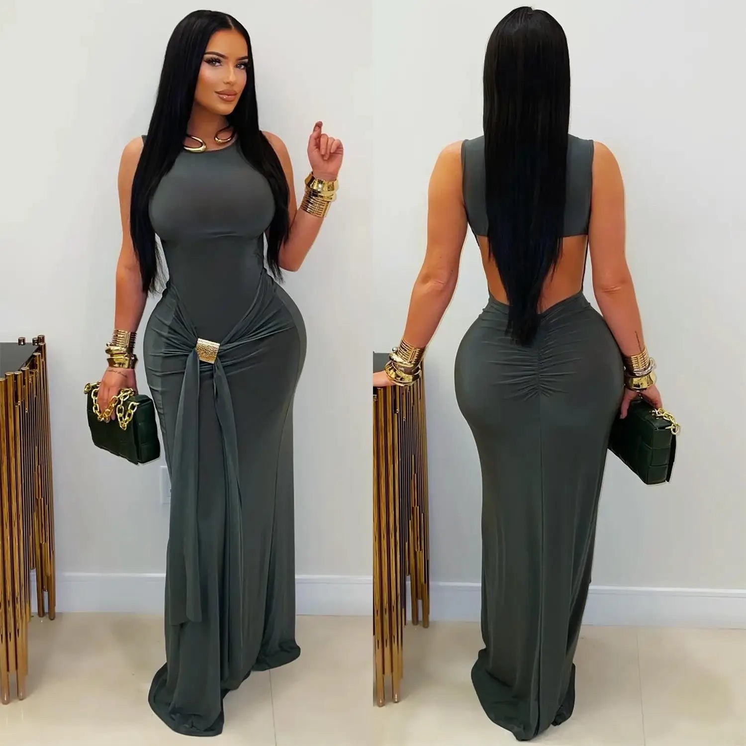 Fashion women’s elegant solid color slim backless dress