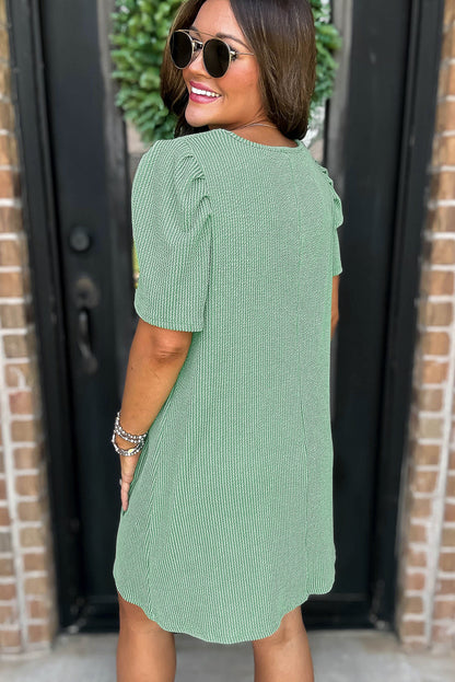 Blossom Corded Knit Crew Neck Puff Sleeve Shift Mini Dress