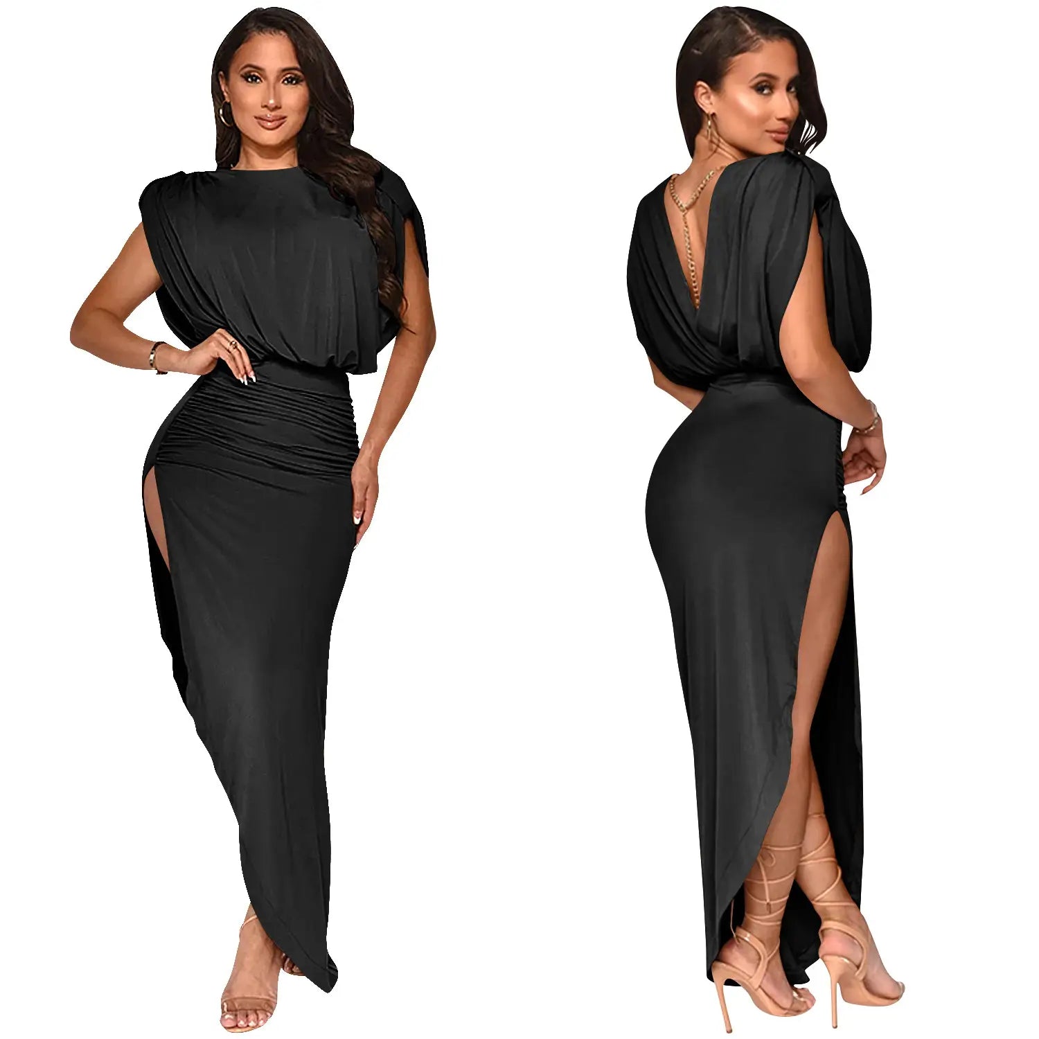 Fashion solid color women’s round neck sleeveless pleated asymmetrical slit long dress