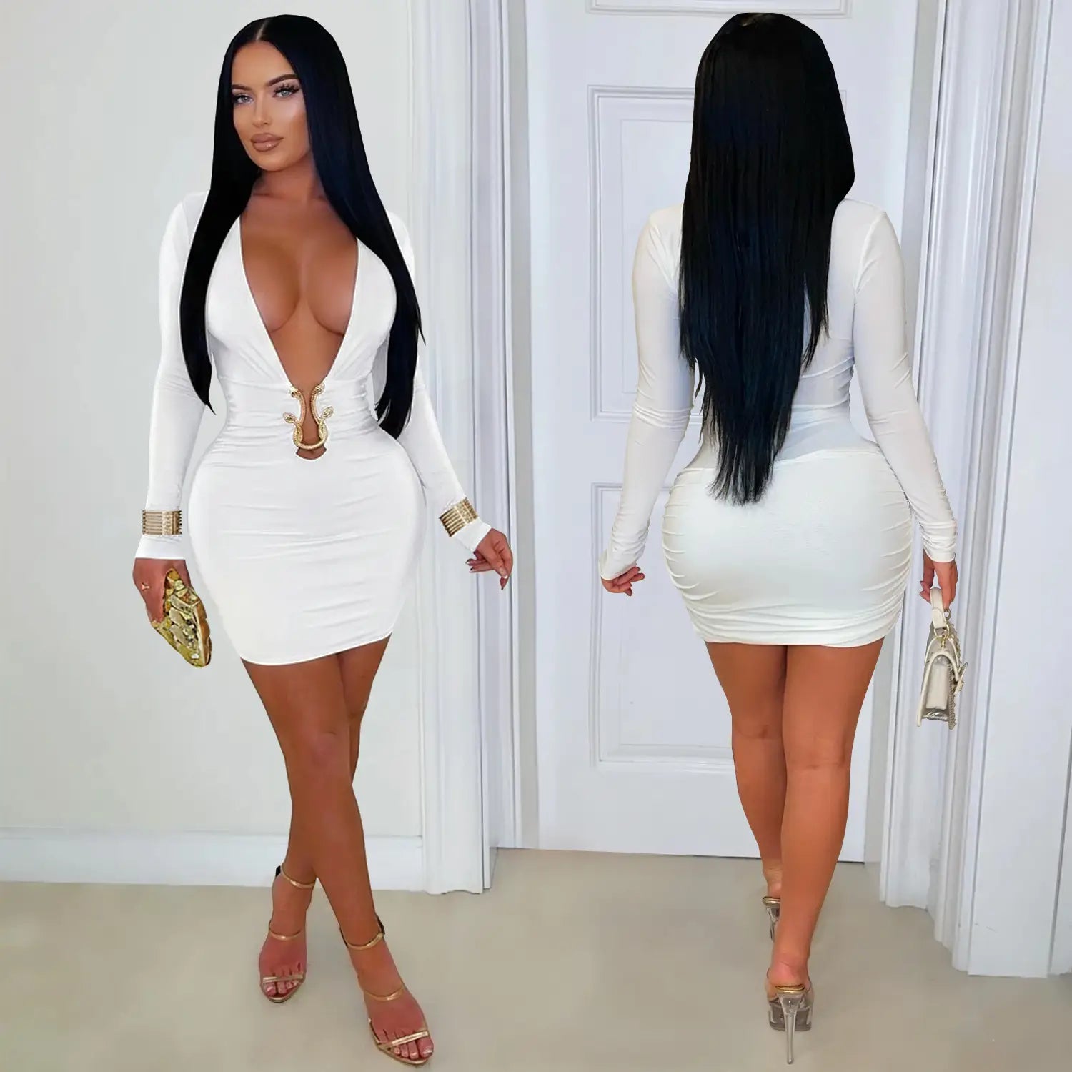 Fashionable women’s sexy deep v-neck bodycon dress with snake pattern accessories