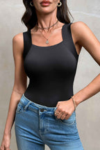 Black Solid Color Wide Strap Splicing Athleisure Tank Top