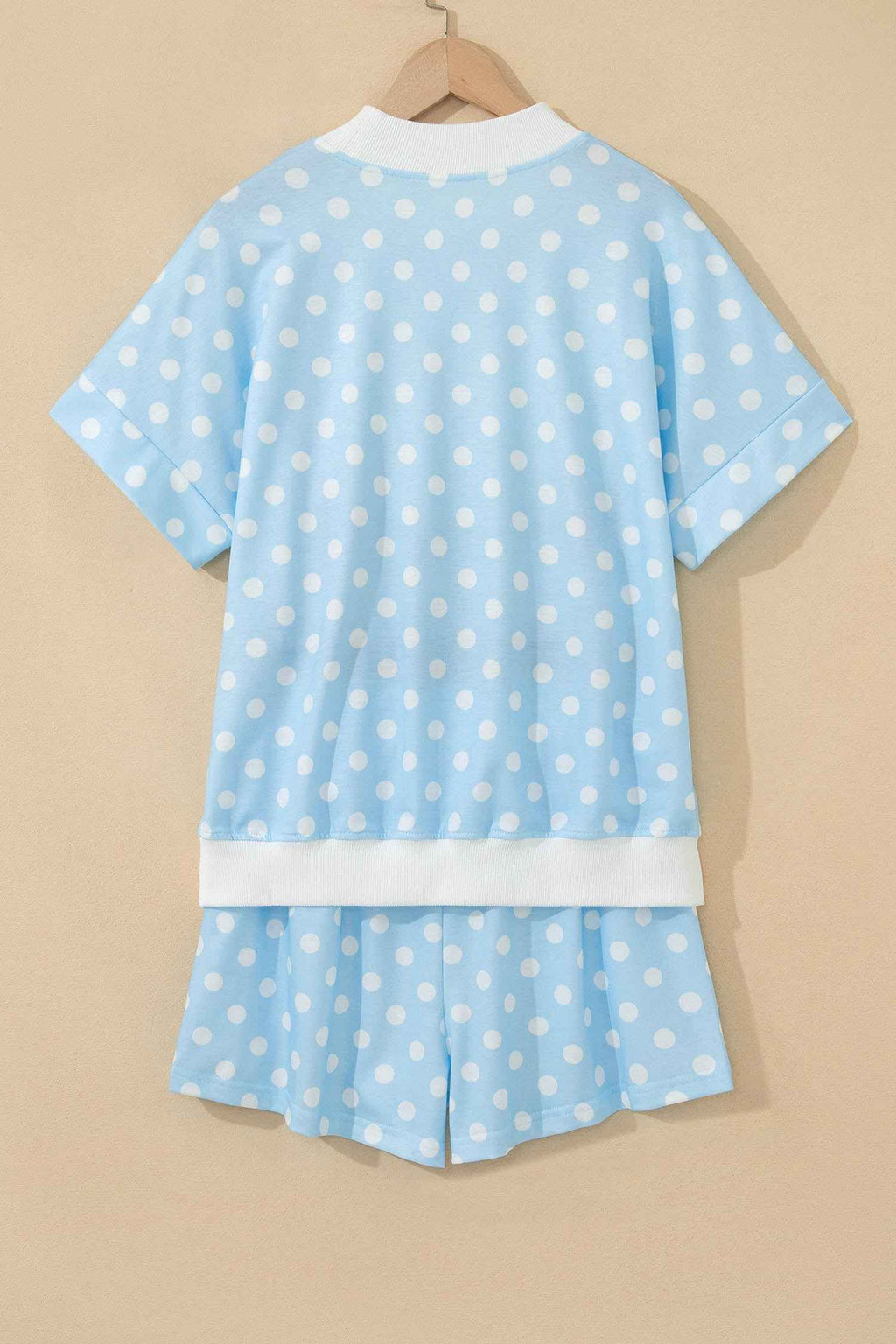Sky Blue Polka Dot USA Chenille Lettering High Neck Short Sleeve Casual Shorts Set