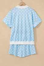 Sky Blue Polka Dot USA Chenille Lettering High Neck Short Sleeve Casual Shorts Set