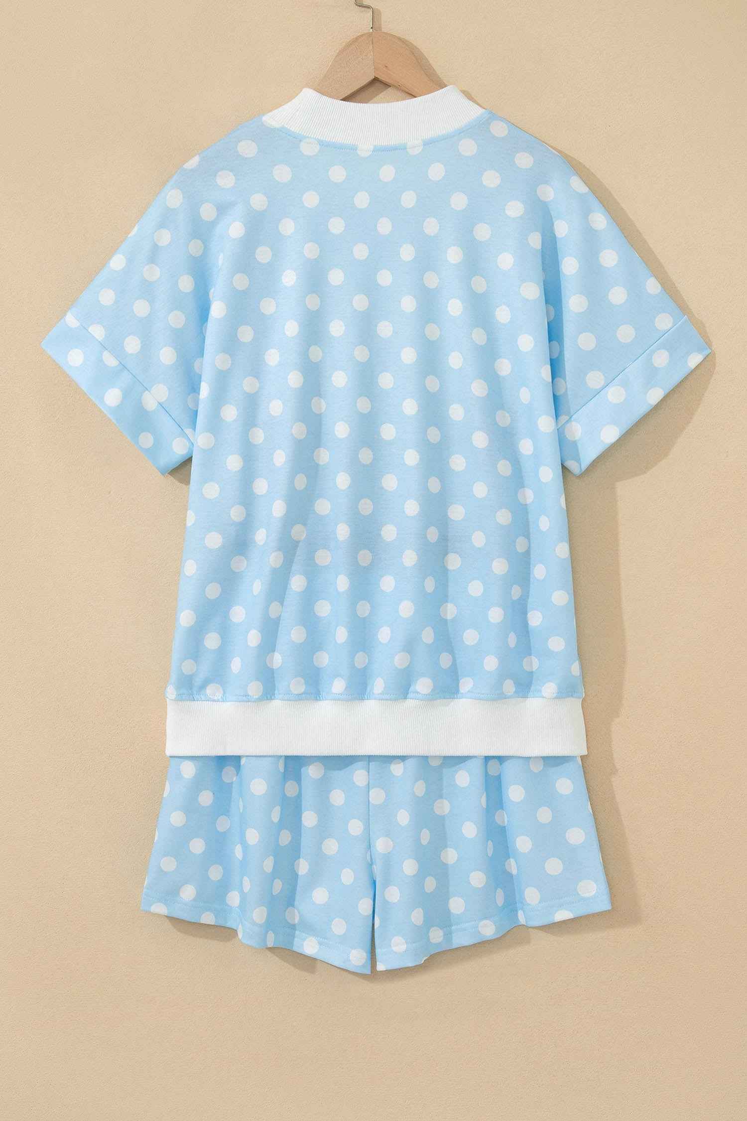 Sky Blue Polka Dot USA Chenille Lettering High Neck Short Sleeve Casual Shorts Set