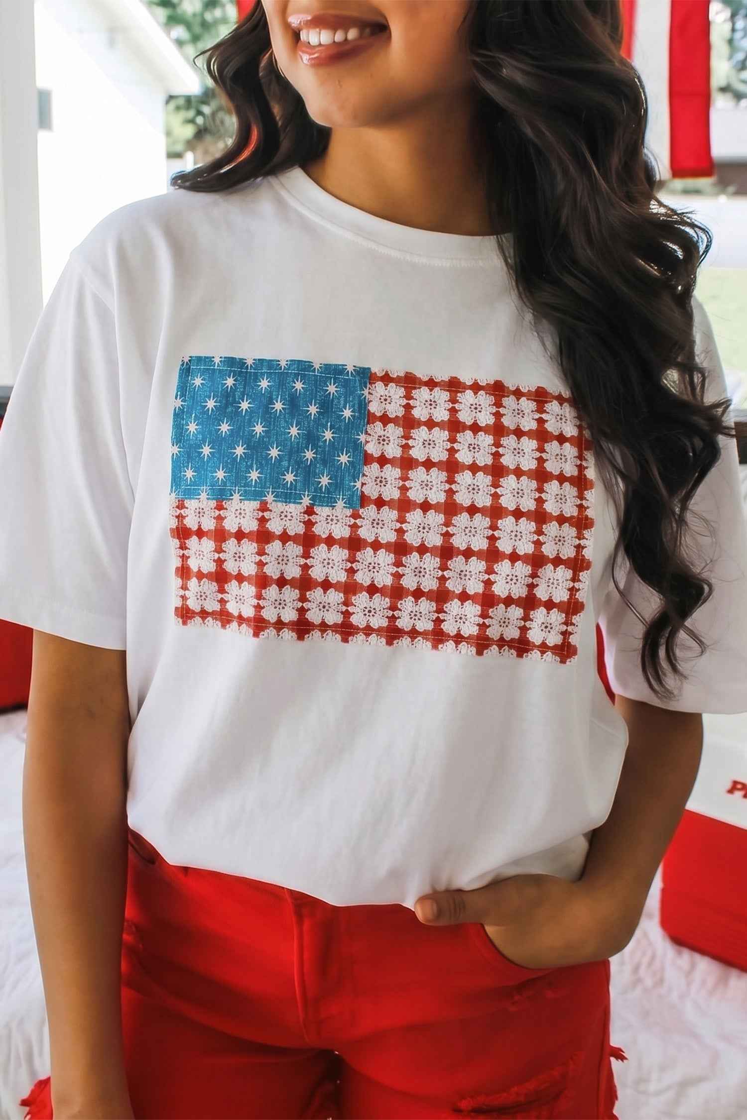 White Fancy Embroidered Patch Flag Casual T Shirt