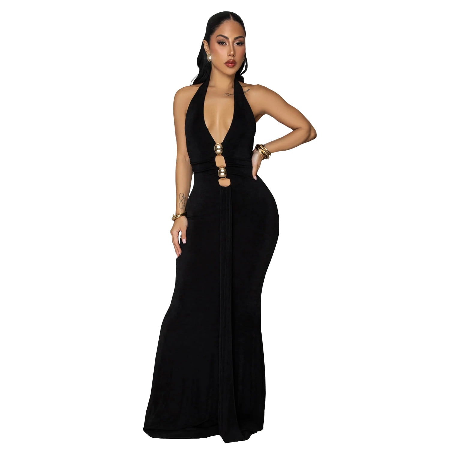 Fashion women’s sexy backless halter deep v neck solid color dress