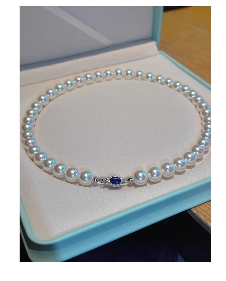 Natural mother-of-pearl pearl necklace silver blue gem clasp high luster premium quality pearl australian white necklace