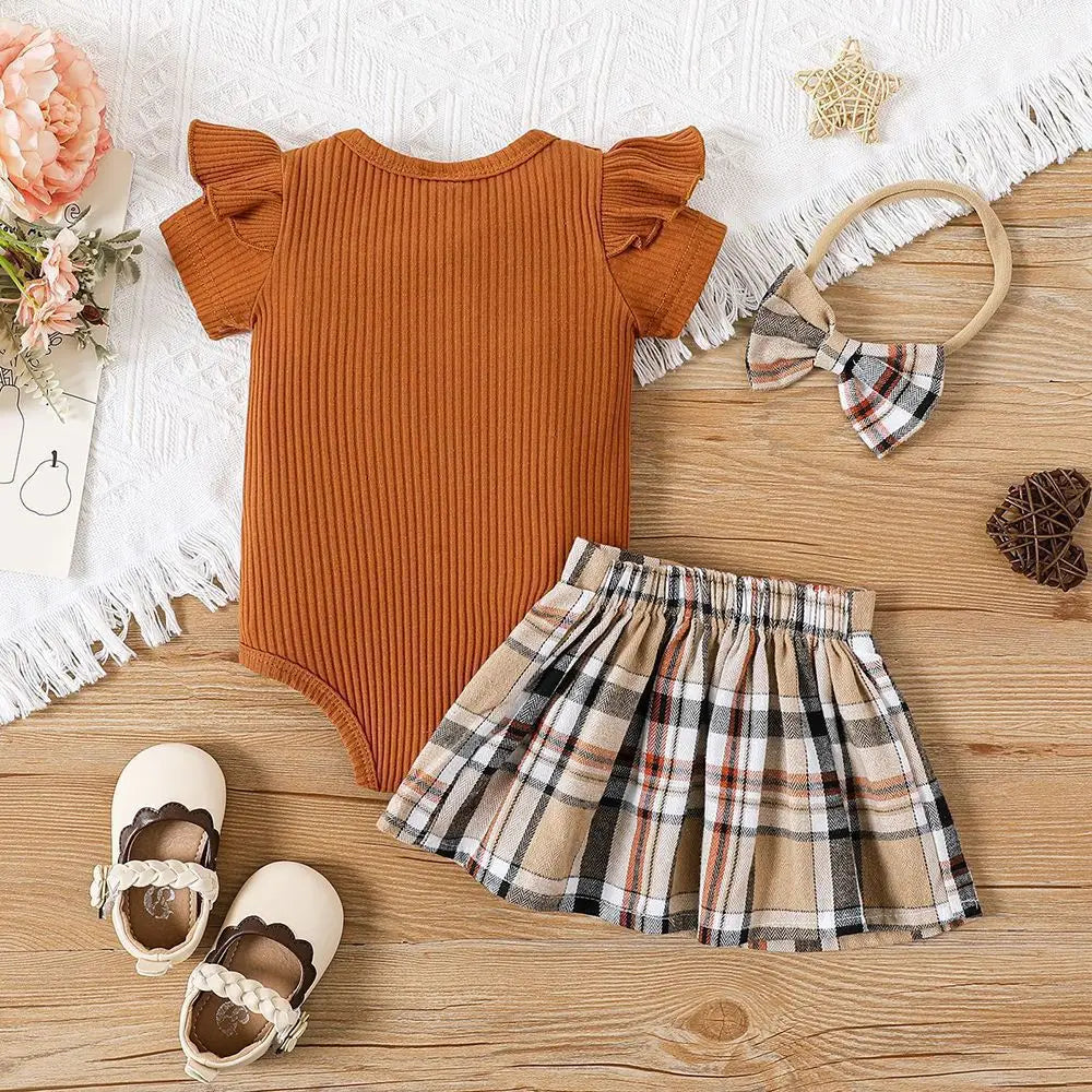 Newborn baby girl summer style teddy bear sticker embroidery bag fart triangle ha clothes plaid butterfly