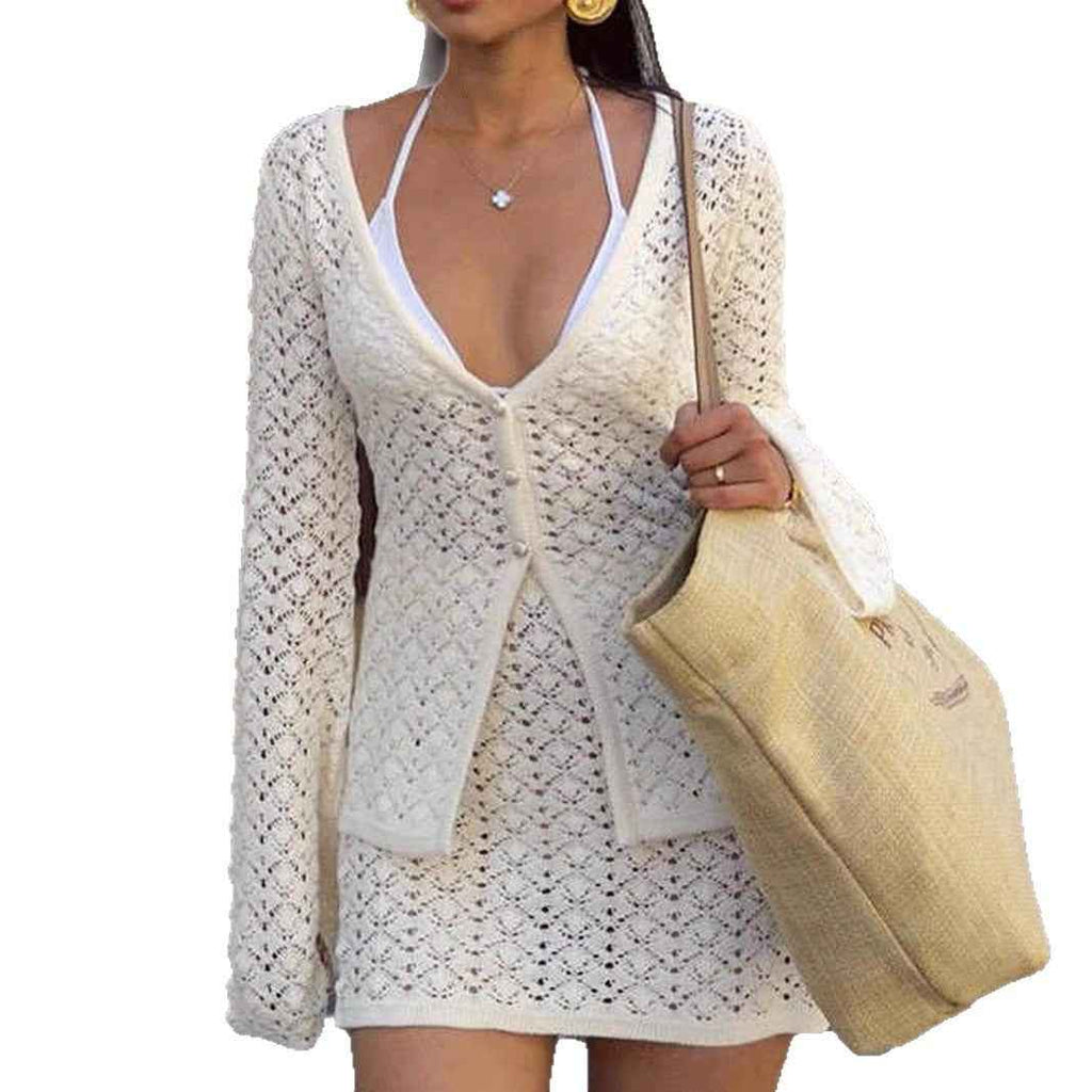 Long Sleeve Cardigan with A-Line Skirt Two-Piece Sweater Set
