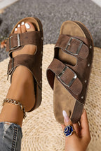 Coffee Retro Double Buckle PU Leather Faux Suede Platform Slippers
