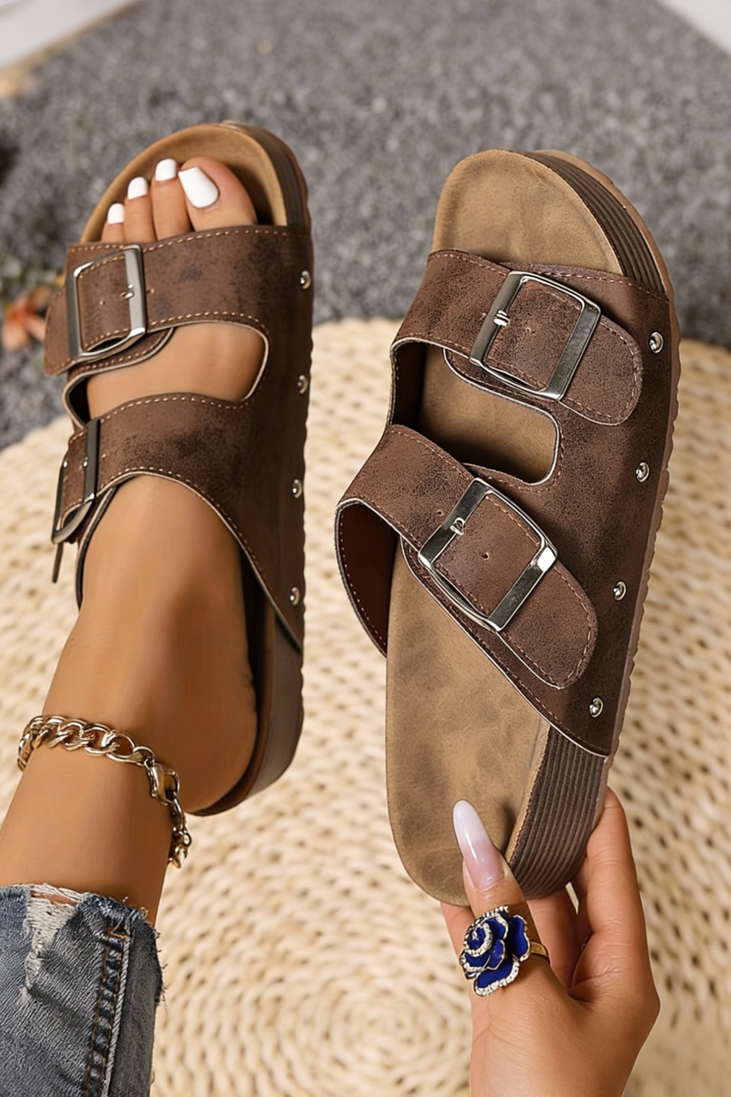 Coffee Retro Double Buckle PU Leather Faux Suede Platform Slippers