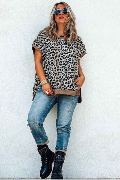 Khaki Leopard Contrast Trim Short Sleeve Loose Plus Size Top