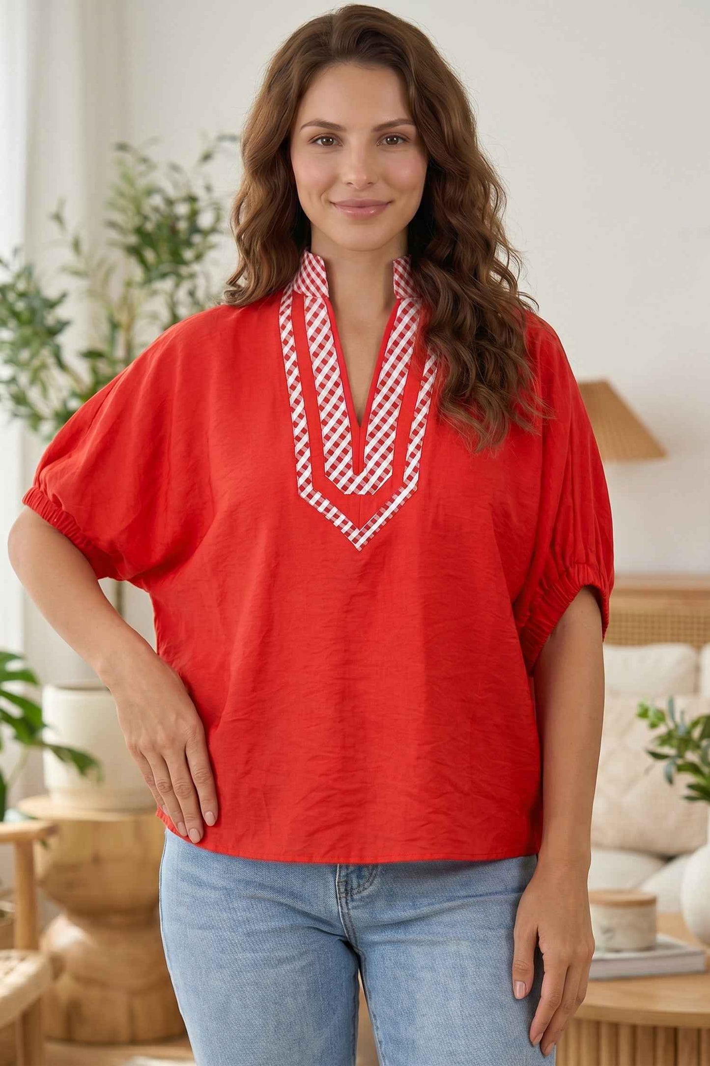 Red V Neck Plaid Collar Short Sleeve Tunic Blouse