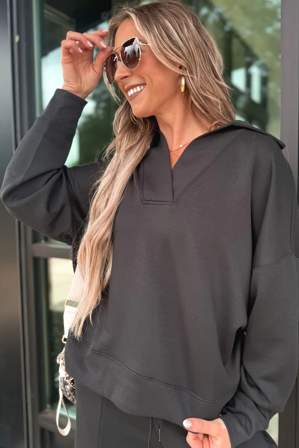 Medium Grey Collared V Neck Pullover Sweatshirt Sweatpants Set