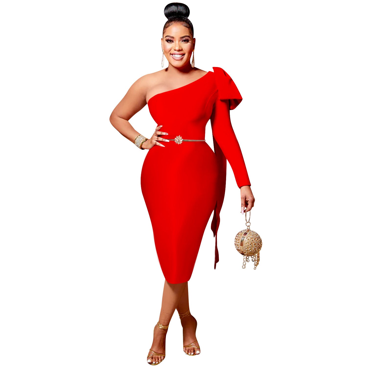 Chic Women's Single Long Sleeve Dress with Asymmetrical Neckline and Bow Ribbon Detail