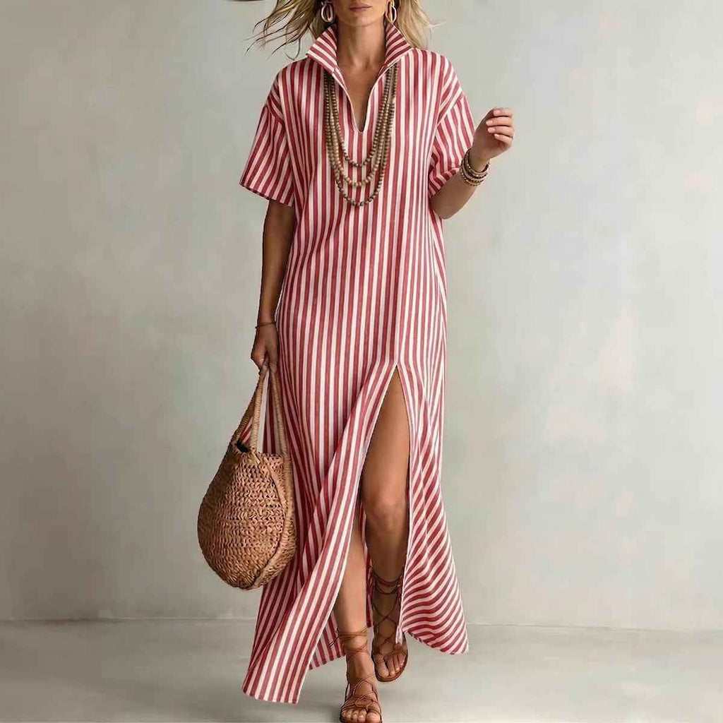V-neck short sleeved striped split cotton linen dress