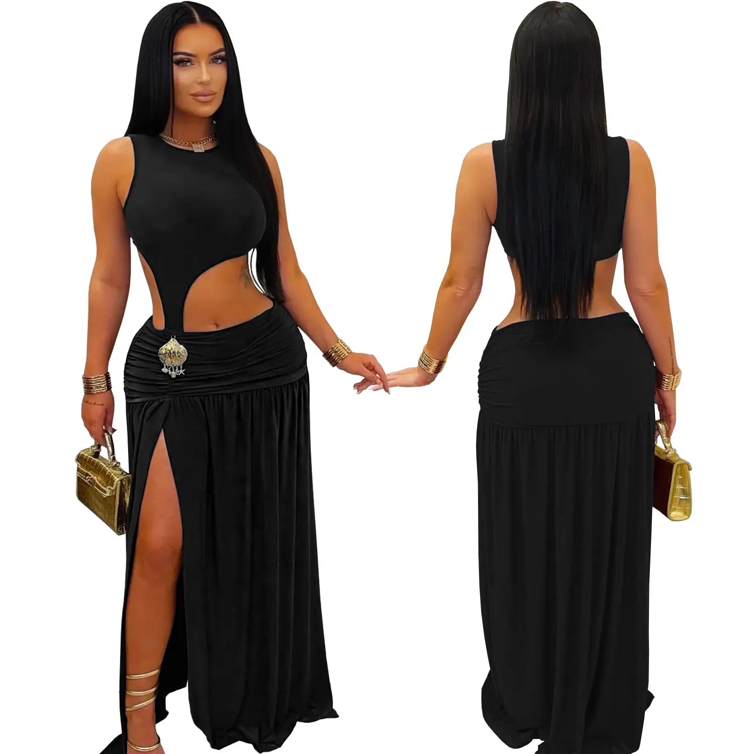 Fashion women’s sexy solid color sleeveless crop open fork dress
