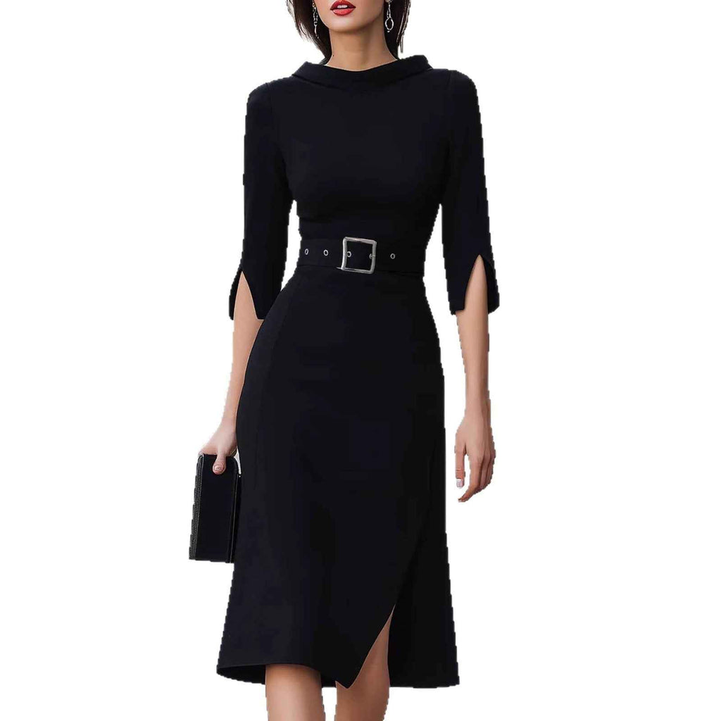 Elegant 3/4 Sleeve Split Midi Dress with Belt - Shein Style Fashion