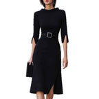 Elegant 3/4 Sleeve Split Midi Dress with Belt - Shein Style Fashion