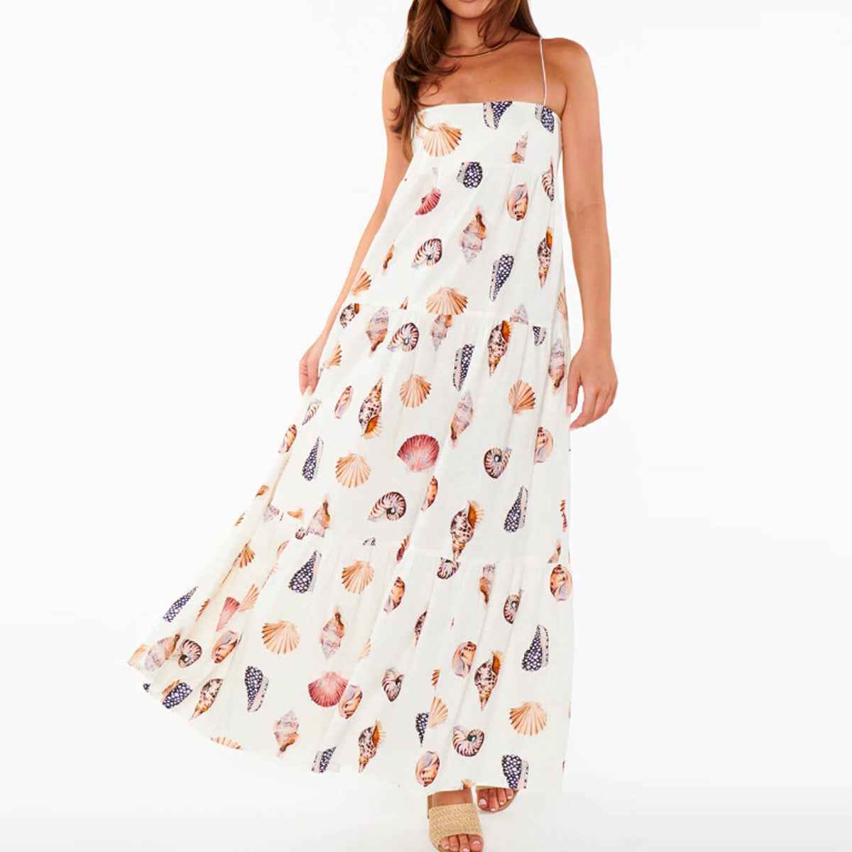 Style Summer New Strap Printed Layered Dress Seashell Print Pocket Dress for Women