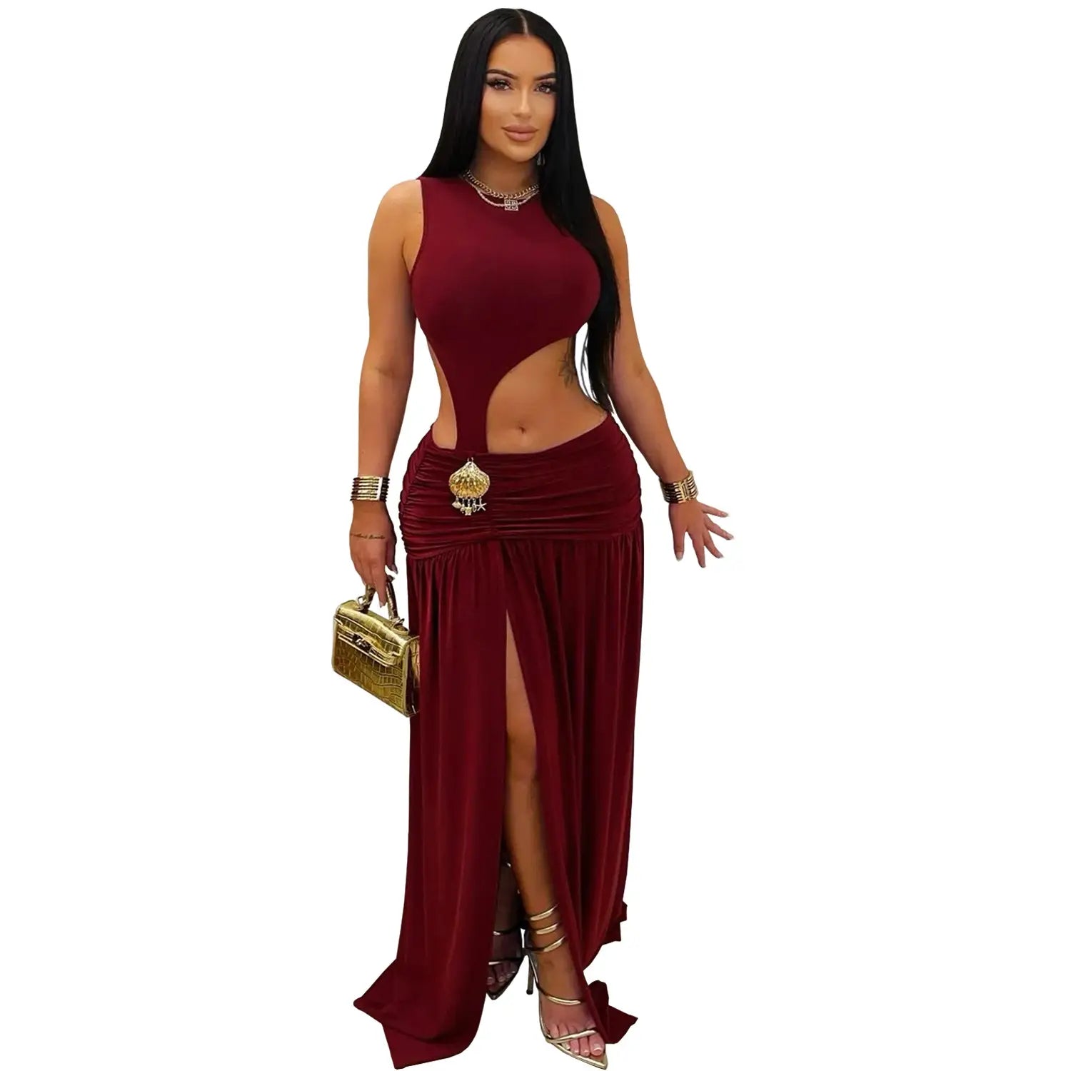 Fashion women’s sexy solid color sleeveless crop open fork dress