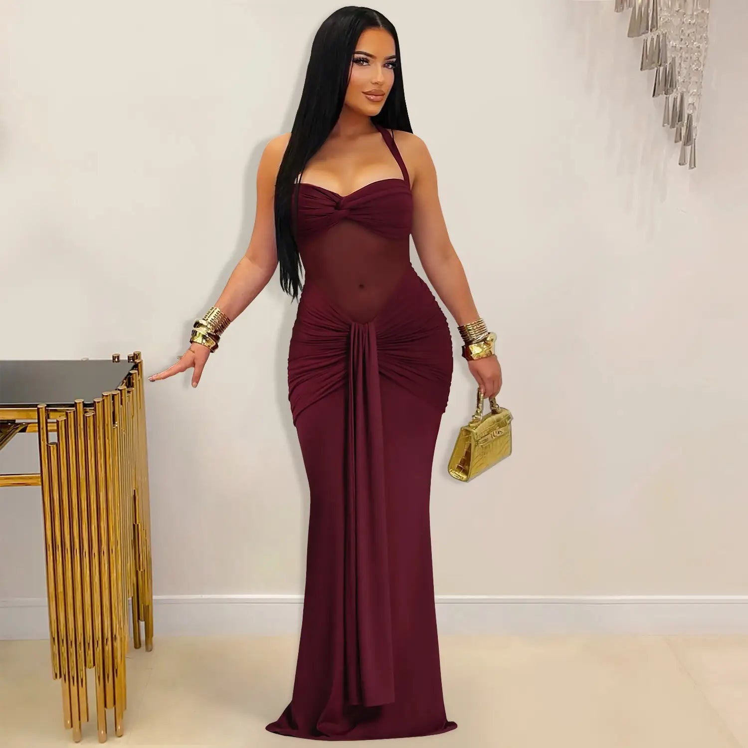Fashion women’s sexy sheer mesh halter tie-back dress