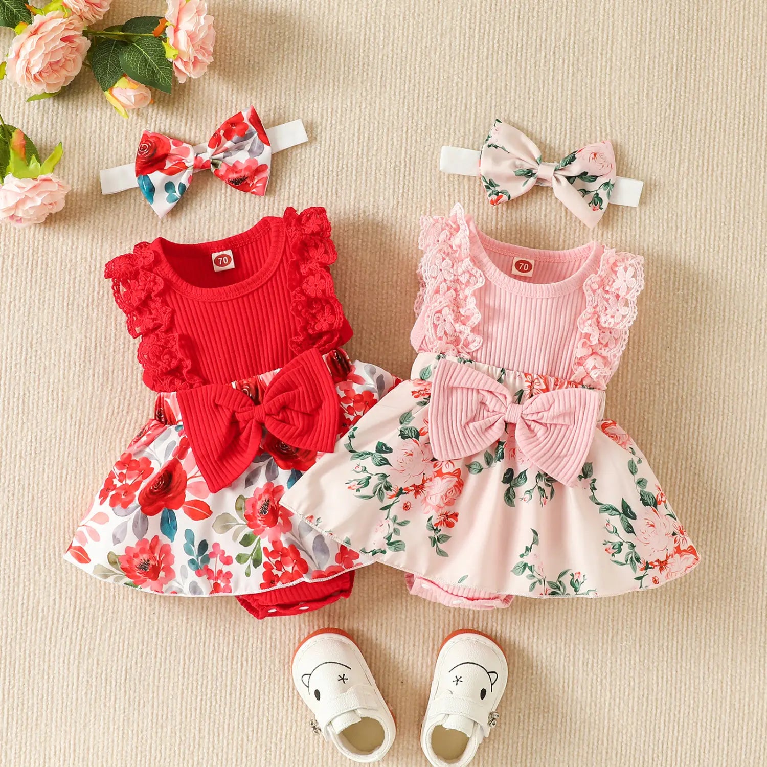 Ibaby and children’s set with pit strip lace splicing flower full print jumpsuit