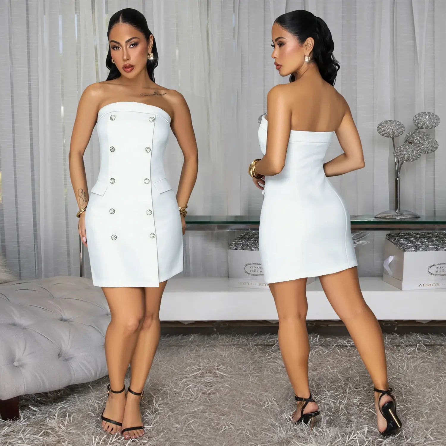 Fashion Sexy Strapless Backless Double-Breasted Dress for Women
